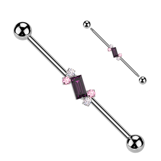 PINK & PURPLE SQUARE CUT CRYSTAL INDUSTRIAL BARBELL- 38MM