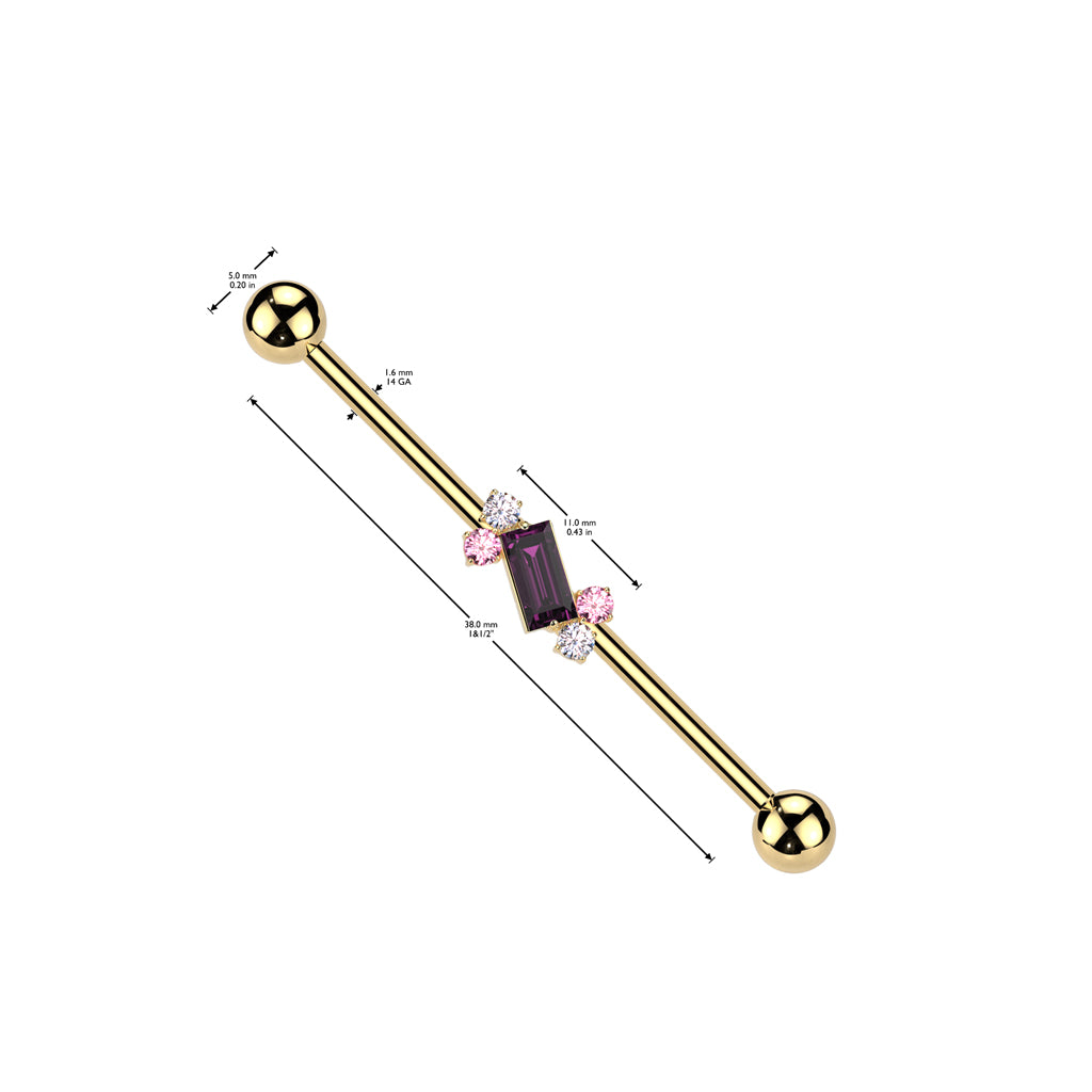 PINK & PURPLE SQUARE CUT CRYSTAL INDUSTRIAL BARBELL- 38MM