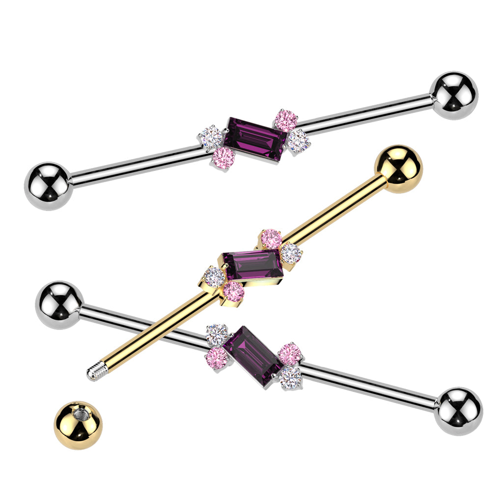 PINK & PURPLE SQUARE CUT CRYSTAL INDUSTRIAL BARBELL- 38MM