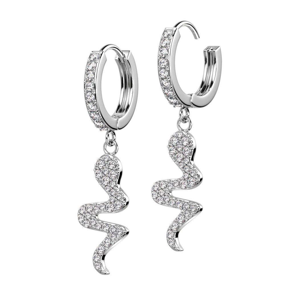 CRYSTAL SLIVERING SNAKE CHARM HOOP EARRINGS- 10MM