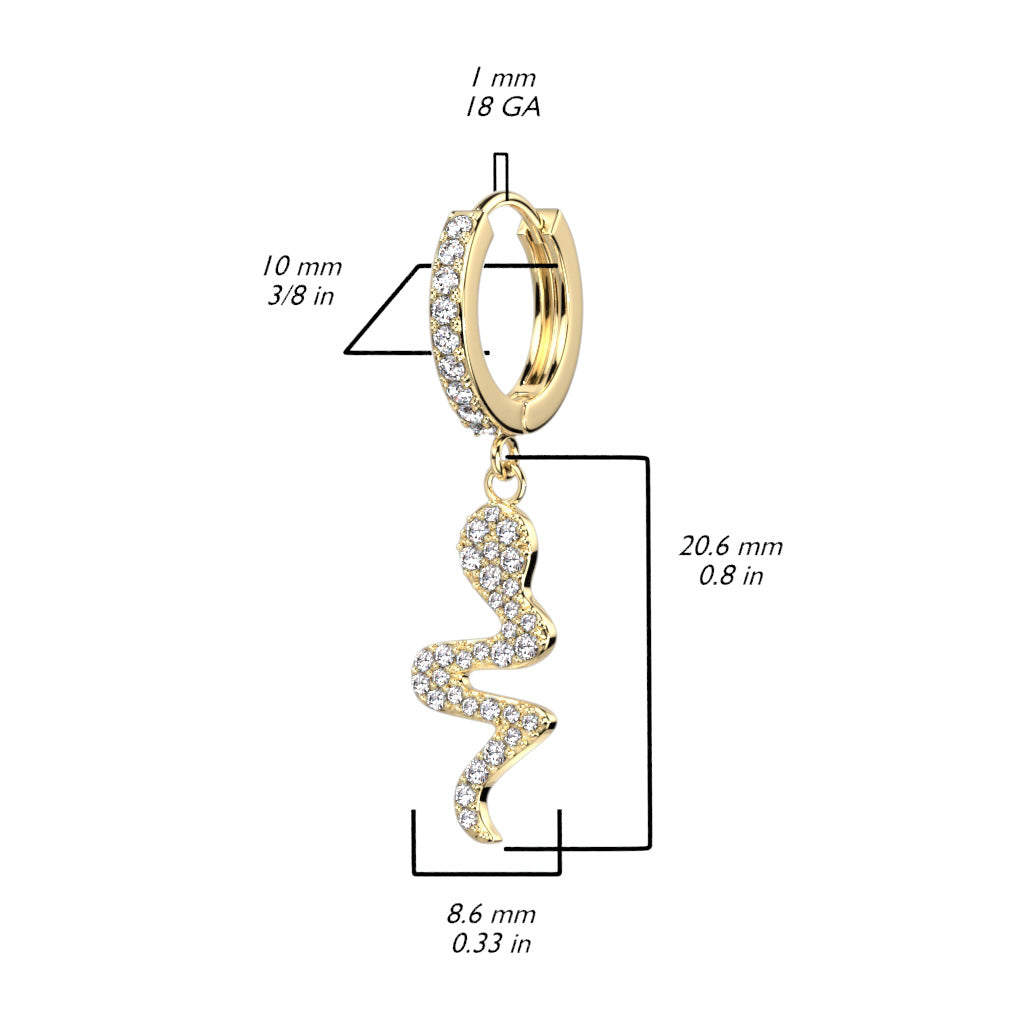 CRYSTAL SLIVERING SNAKE CHARM HOOP EARRINGS- 10MM