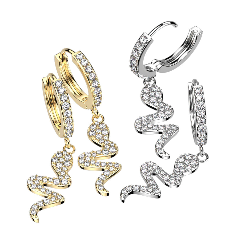 CRYSTAL SLIVERING SNAKE CHARM HOOP EARRINGS- 10MM