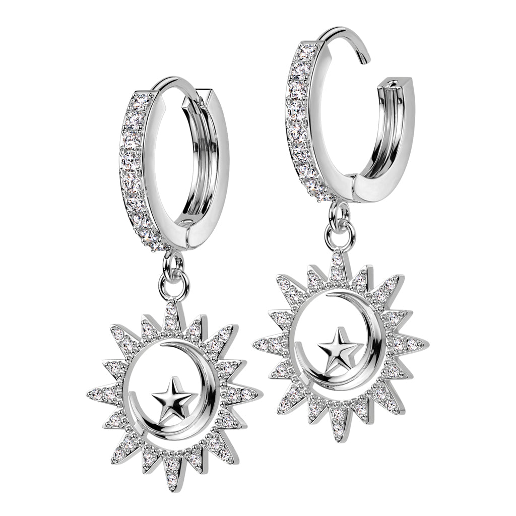 CRYSTAL SUN & MOON CHARM HOOP EARRINGS- 10MM