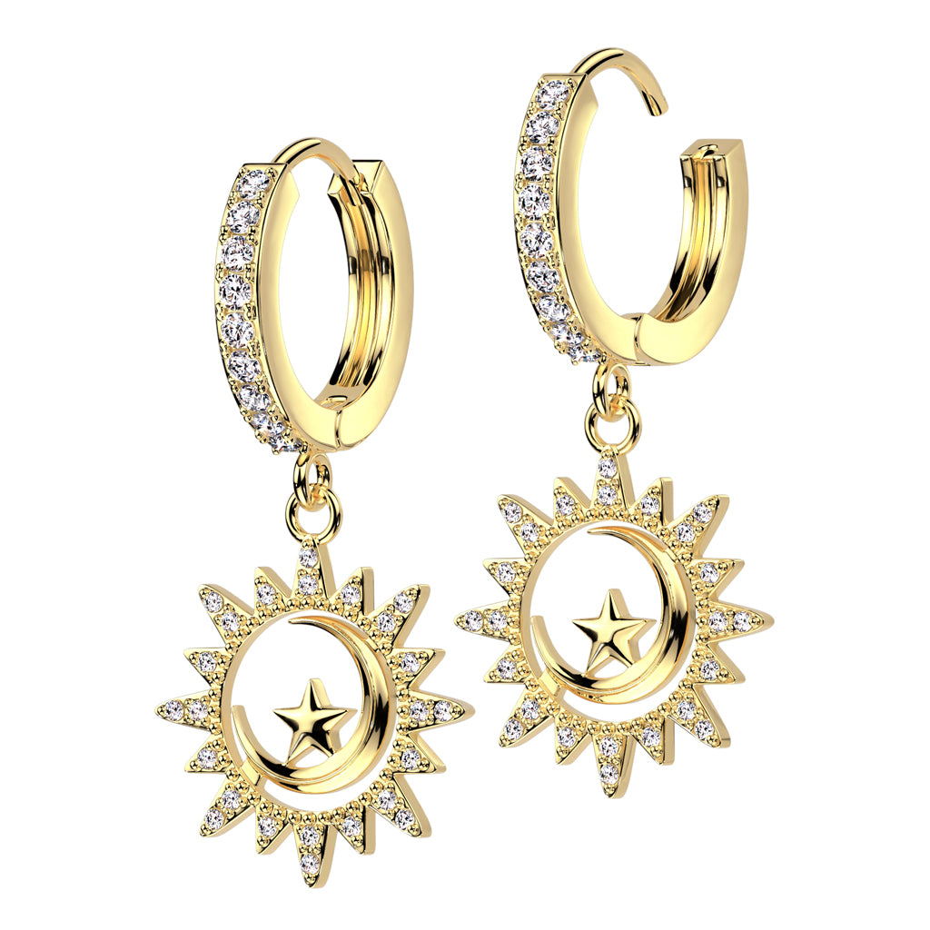 CRYSTAL SUN & MOON CHARM HOOP EARRINGS- 10MM