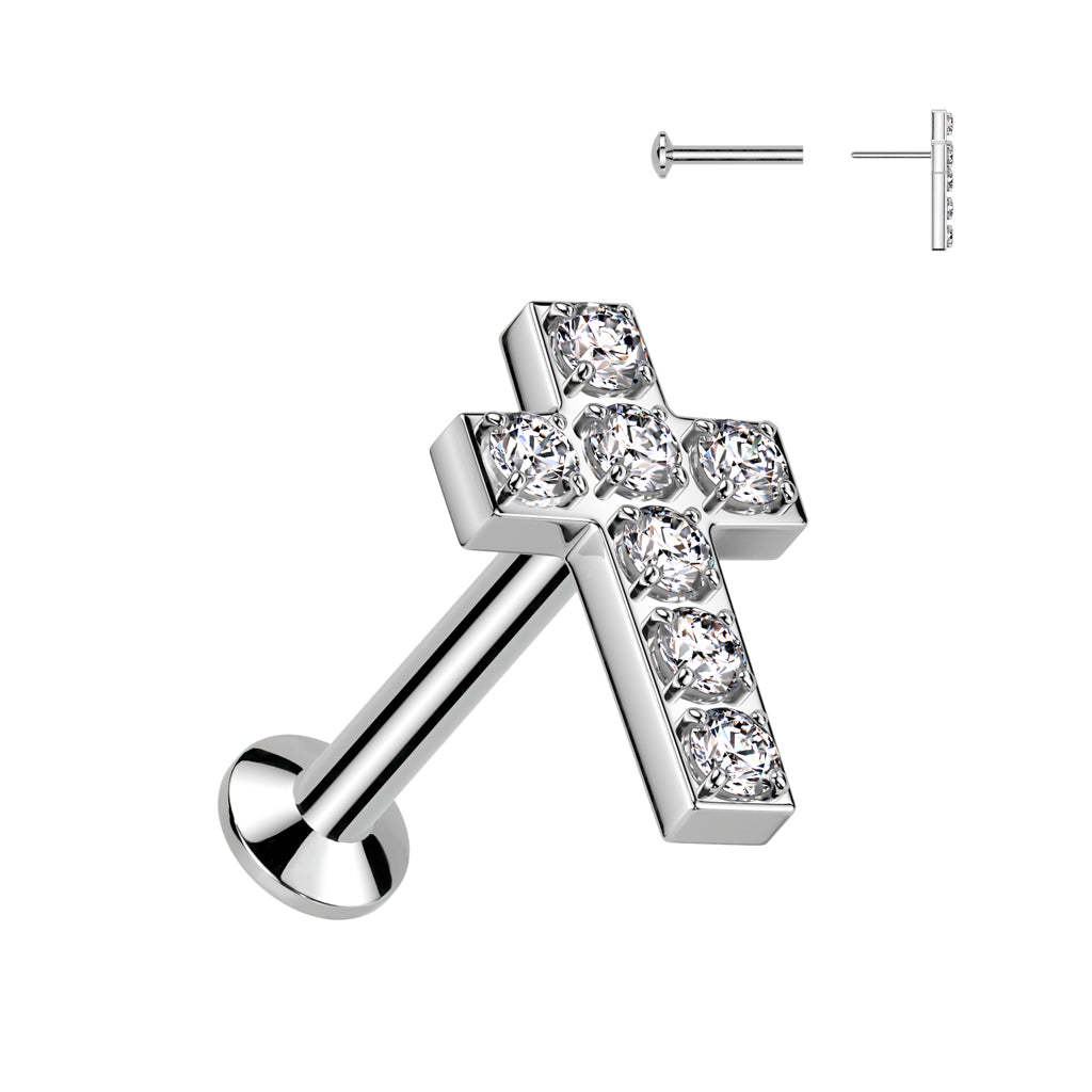 CRYSTAL CROSS THREADLESS FLAT BACK LABRET STUD - 8MM