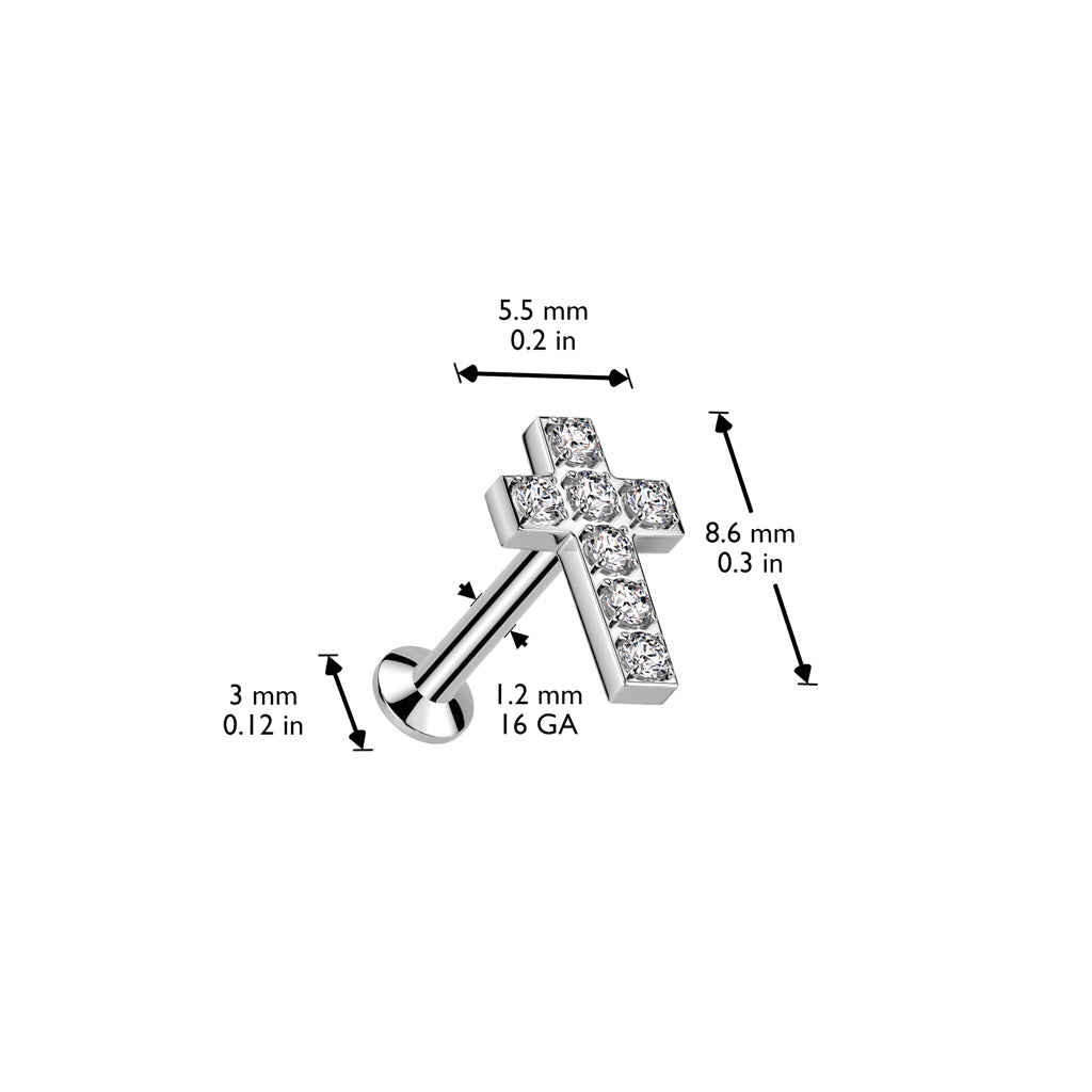 CRYSTAL CROSS THREADLESS FLAT BACK LABRET STUD - 8MM