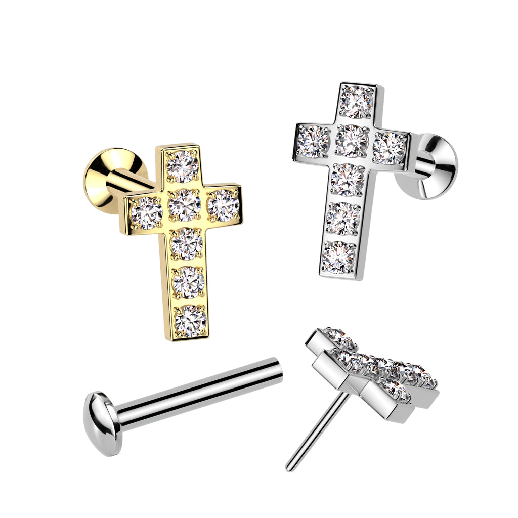 CRYSTAL CROSS THREADLESS FLAT BACK LABRET STUD - 8MM