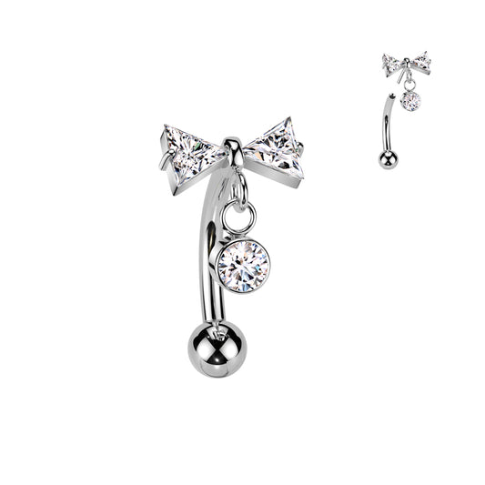 TITANIUM CRYSTAL BOW & CHARM DROPLET CURVED THREADLESS BARBELL - 8MM