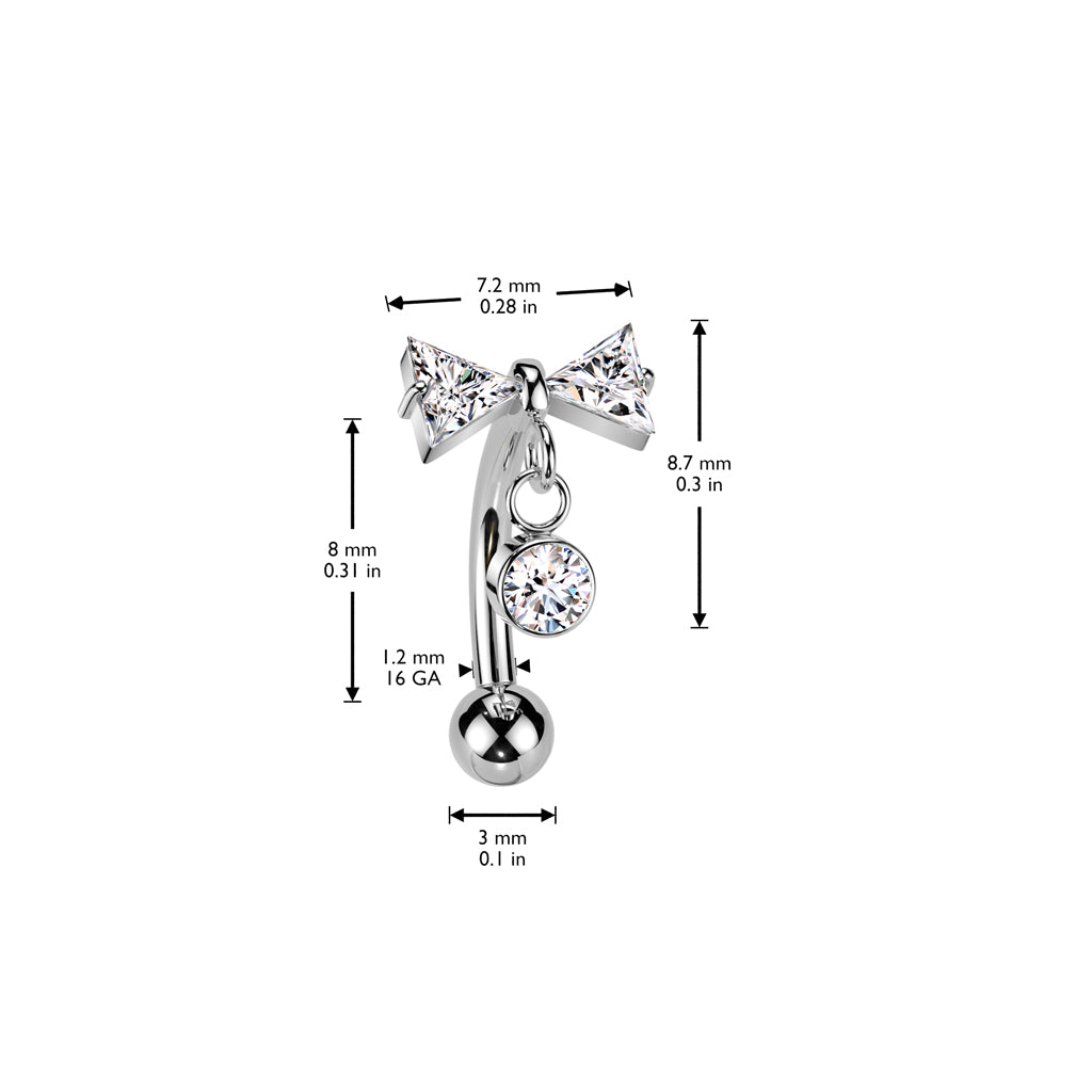 TITANIUM CRYSTAL BOW & CHARM DROPLET CURVED THREADLESS BARBELL - 8MM