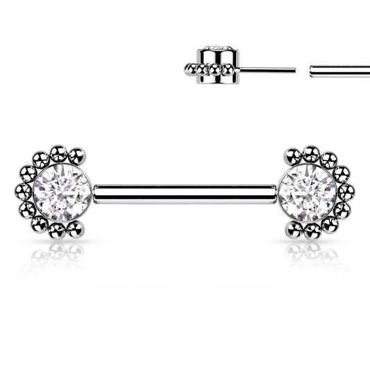 TITANIUM BEADED & CRYSTAL NIPPLE BARBELL - THREADLESS