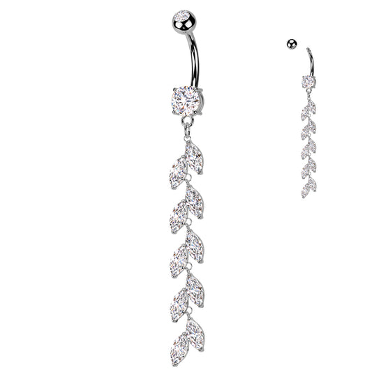 CRYSTAL VINE LEAF CHARM DANGLY BELLY BAR - 10MM