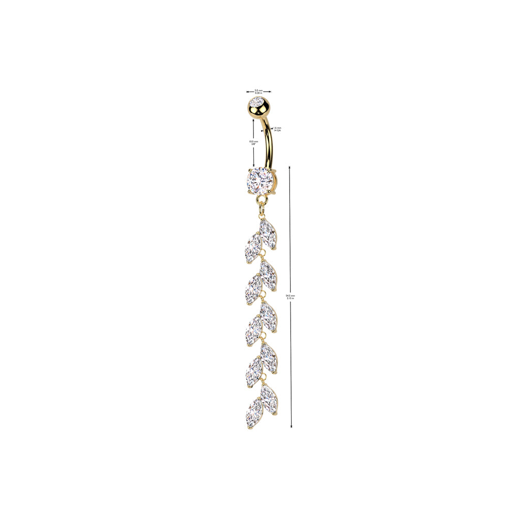 CRYSTAL VINE LEAF CHARM DANGLY BELLY BAR - 10MM