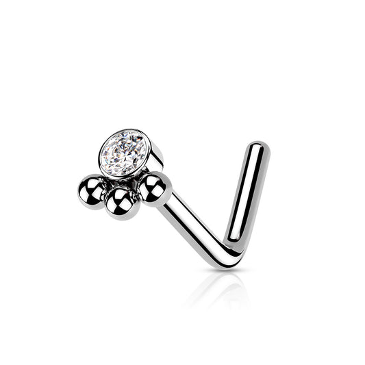 MICRO CRYSTAL TRIPLE BEADED L BEND NOSE STUD - 20 GAUGE