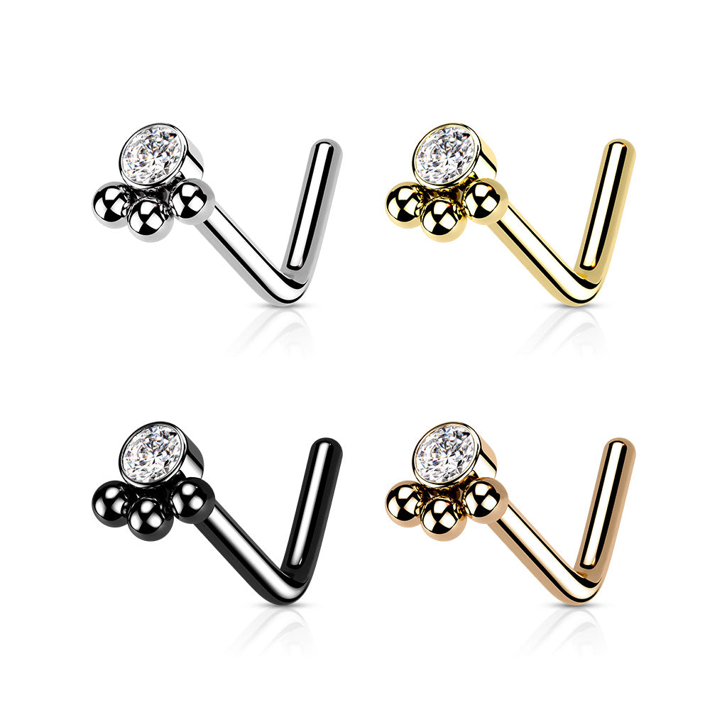 MICRO CRYSTAL TRIPLE BEADED L BEND NOSE STUD - 20 GAUGE