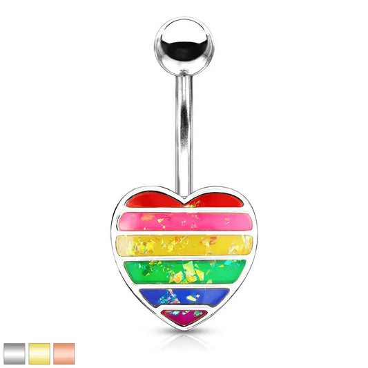 RAINBOW OPAL LOVE HEART BELLY BAR - 10MM