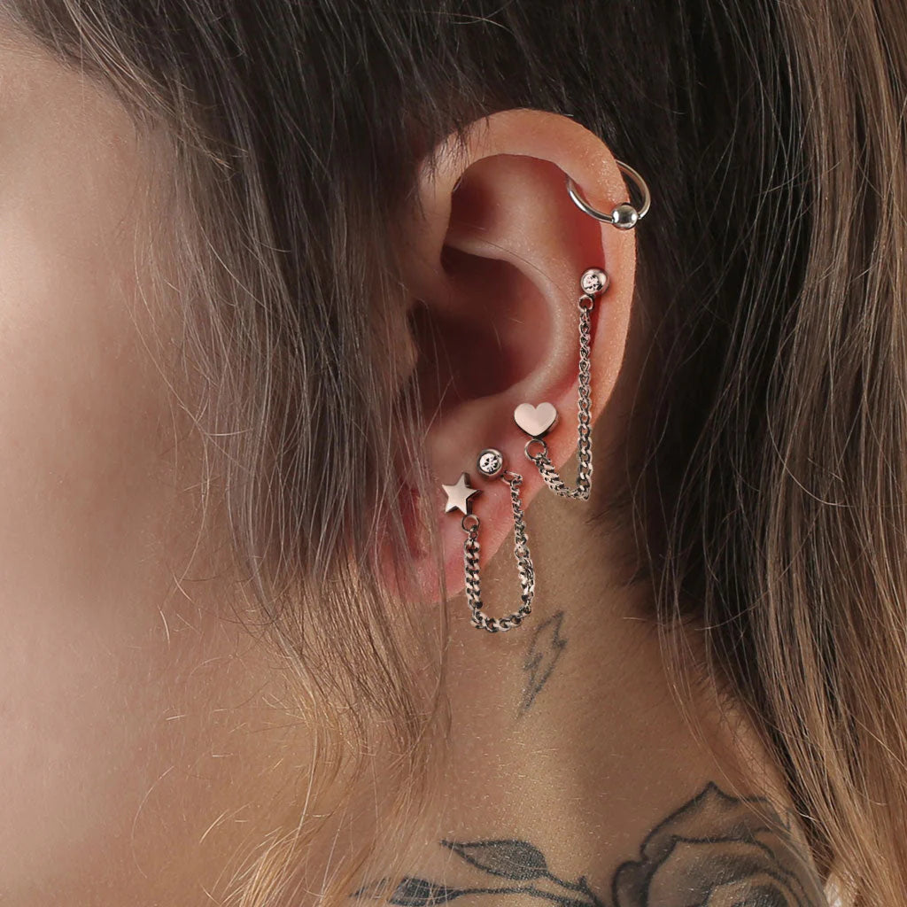 LOVE HEART & CRYSTAL CHAIN CONNECTOR EARRING
