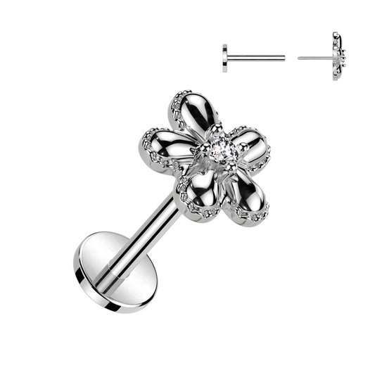 CRYSTAL FLOWER THREADLESS PUSH IN LABRET STUD - 8MM