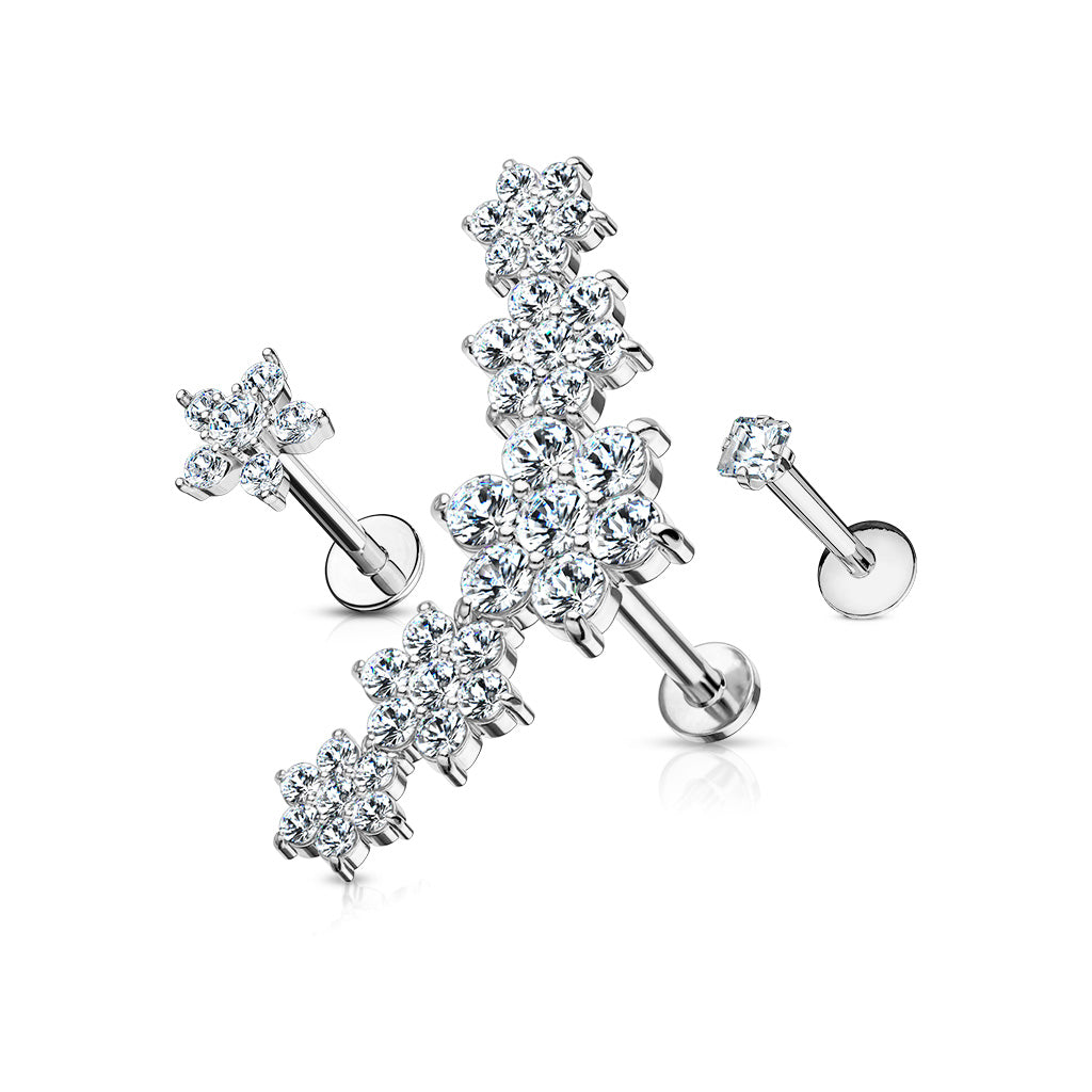 MULTI PACK OF 3 CRYSTAL FLOWER LABRET STUDS