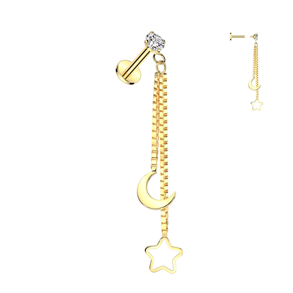 MOON & STAR CHARM DANGLE FLATBACK LABRET