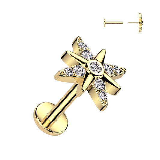 CRYSTAL NORTHERN STAR FLAT BACK LABRET - THREADLESS - 8MM - 16 GAUGE