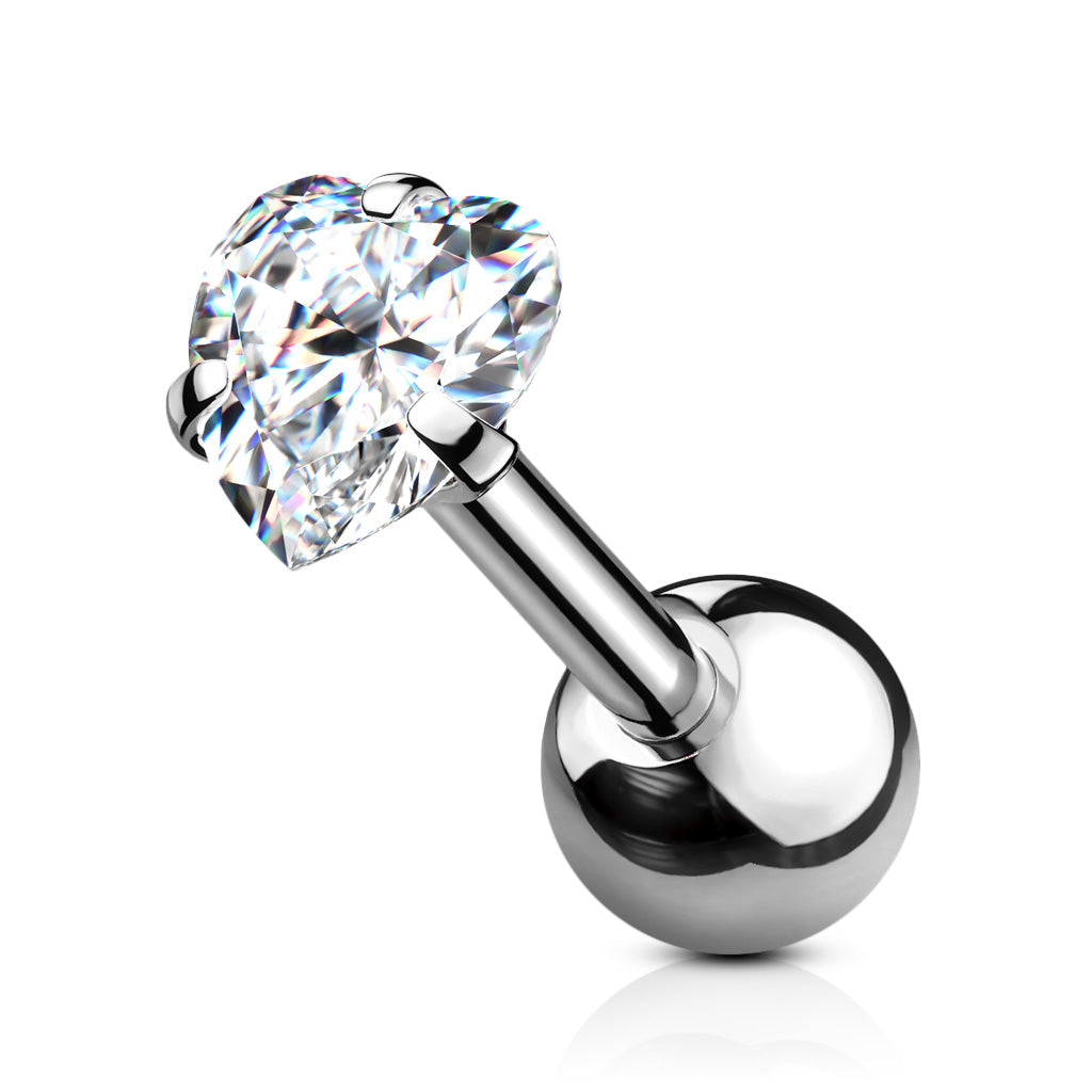 CRYSTAL HEART CUBIC ZIRCONIA BARBELL - 6MM - 16 GAUGE