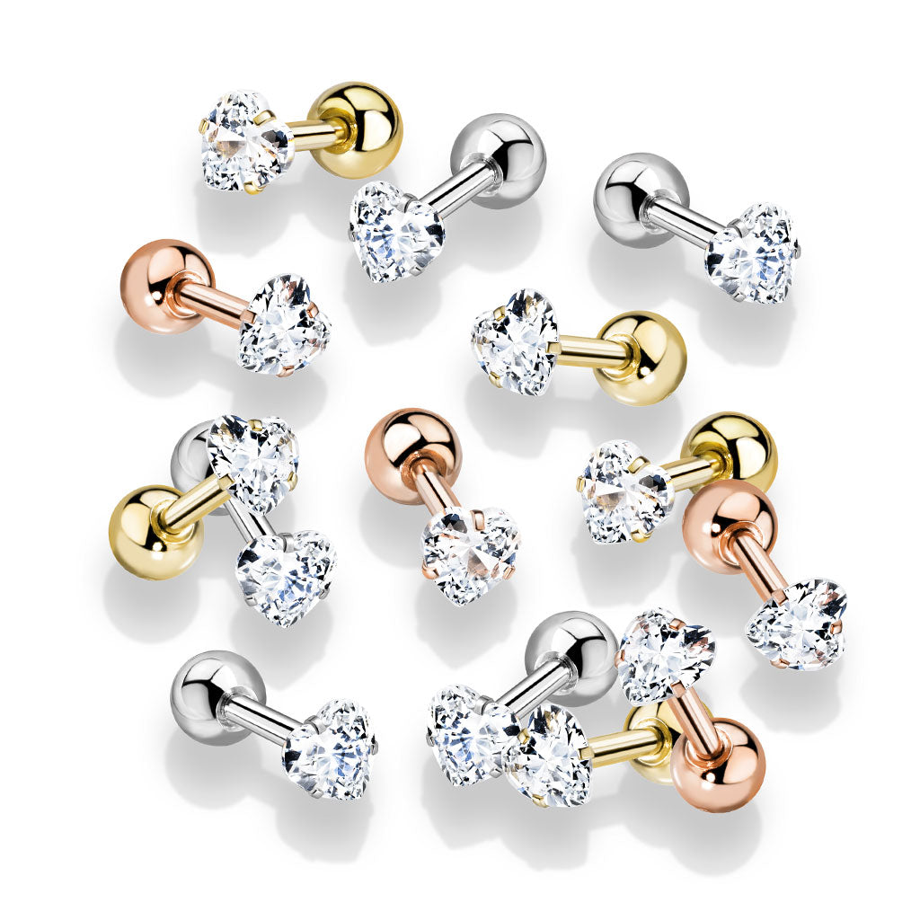 CRYSTAL HEART CUBIC ZIRCONIA BARBELL - 6MM - 16 GAUGE