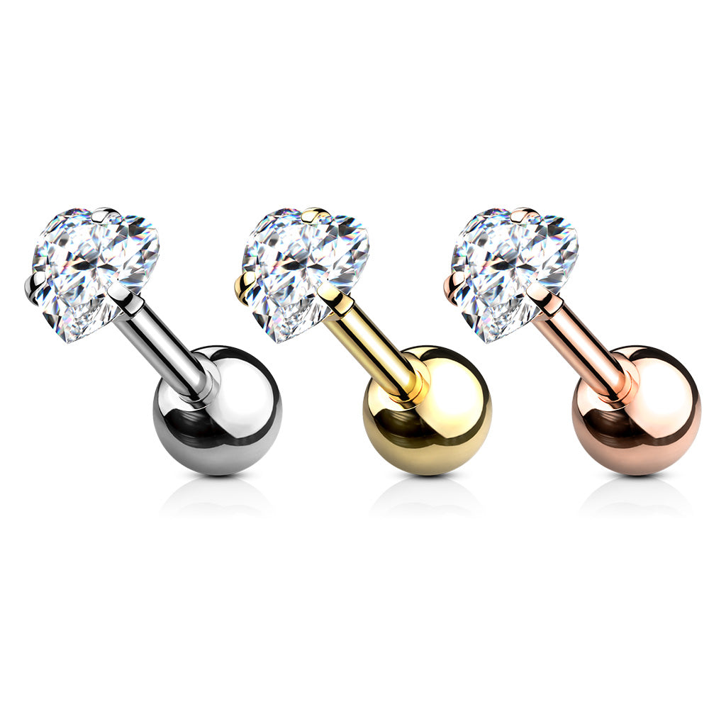CRYSTAL HEART CUBIC ZIRCONIA BARBELL - 6MM - 16 GAUGE