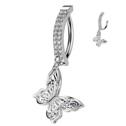 CRYSTAL LINED DANGLY BUTTERFLY CHARM BELLY RING CLICKER HOOP- 12MM