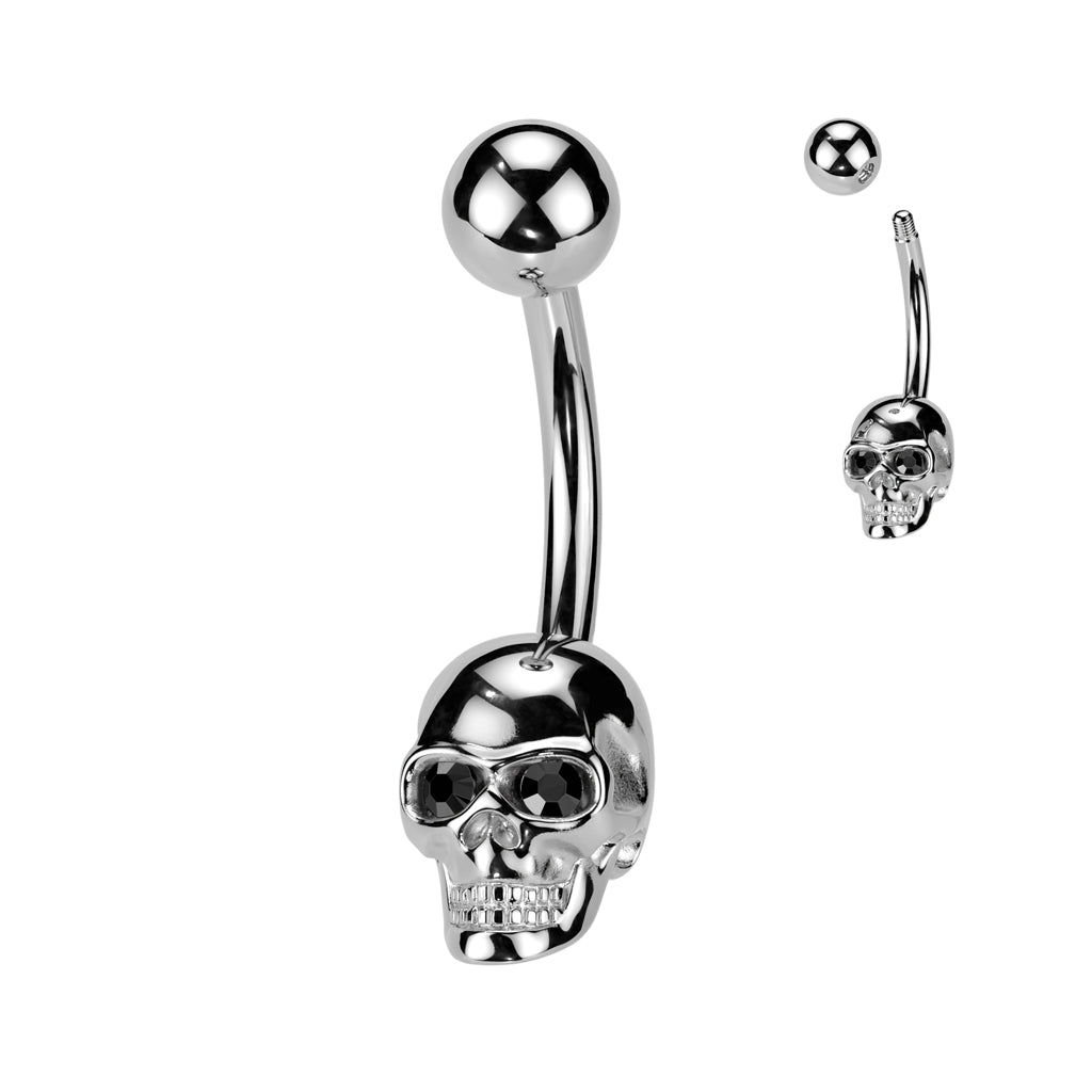 CRYSTAL SKULL JEWELLED BELLY BAR - 10MM - 14 GAUGE