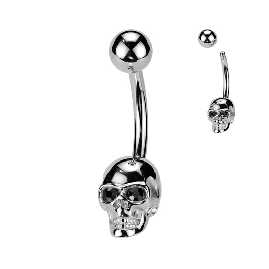 CRYSTAL SKULL JEWELLED BELLY BAR - 10MM - 14 GAUGE