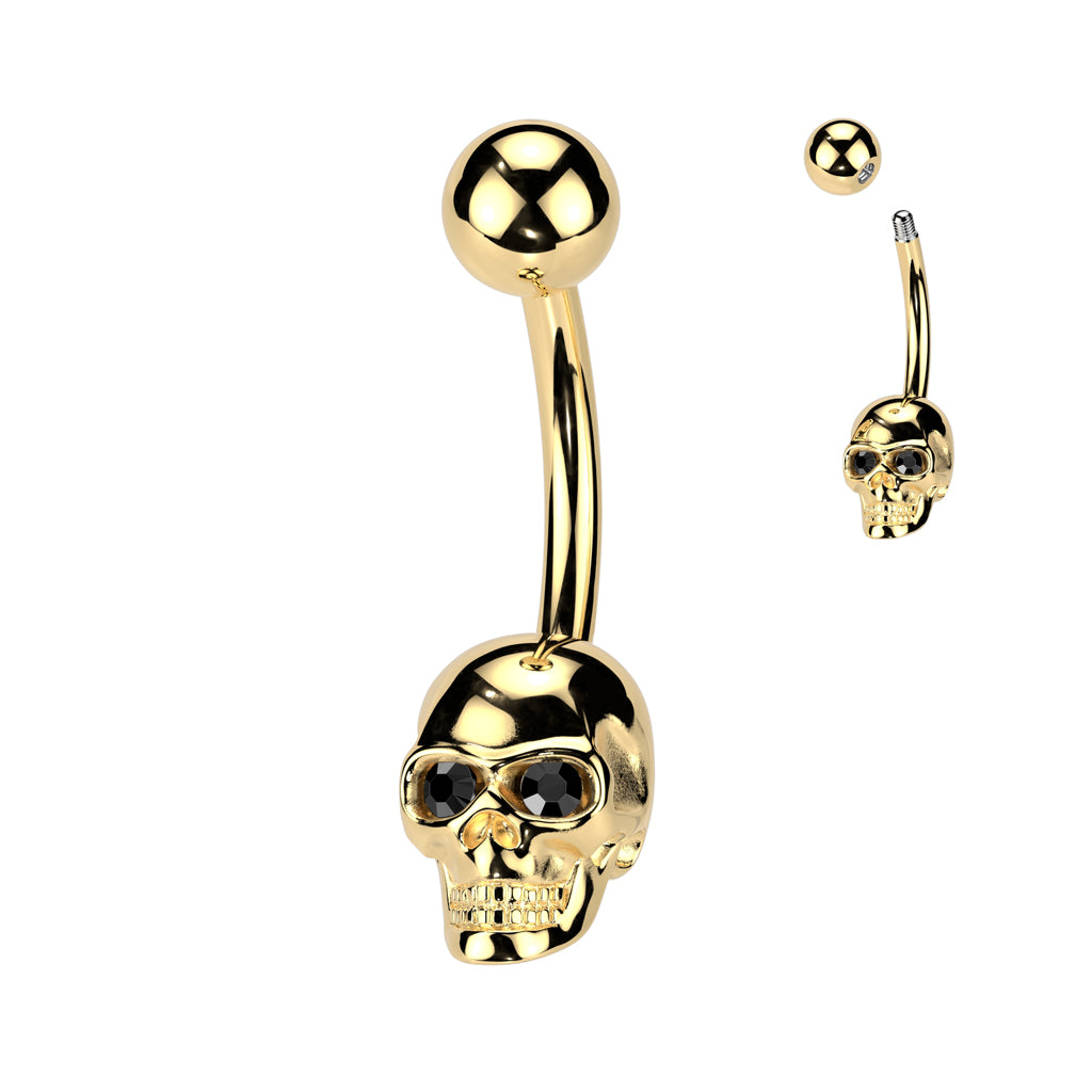 CRYSTAL SKULL JEWELLED BELLY BAR - 10MM - 14 GAUGE