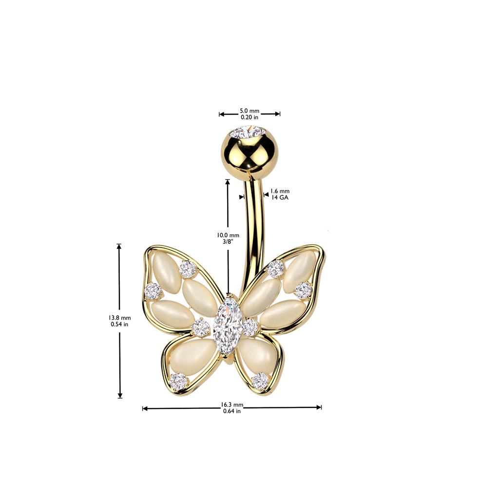CRYSTAL BUTTERFLY BELLY BARBELL - 14 GAUGE - 10MM