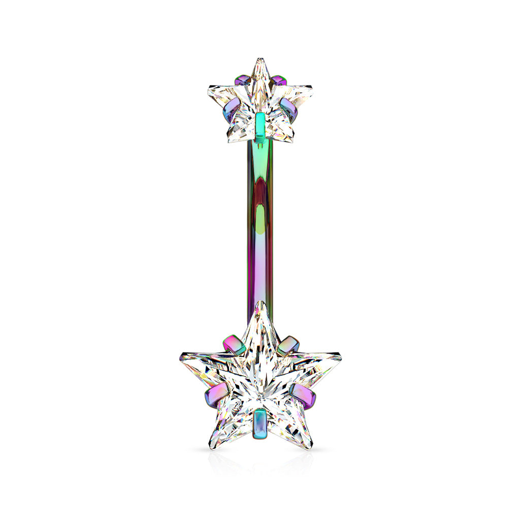 RAINBOW DOUBLE STAR BELLY BARBELL - 10MM - 14 GAUGE