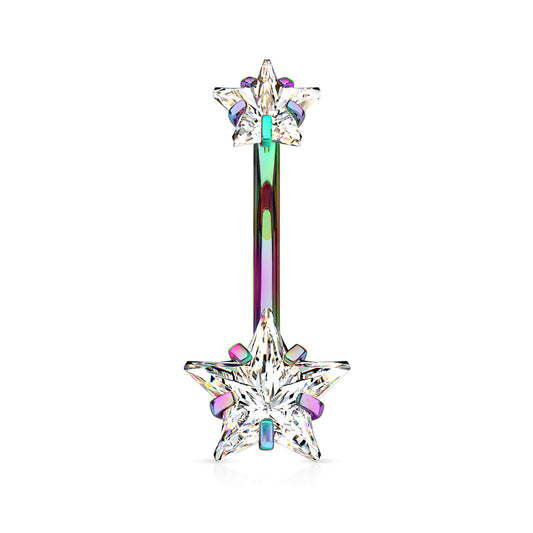 RAINBOW DOUBLE STAR BELLY BARBELL - 10MM - 14 GAUGE