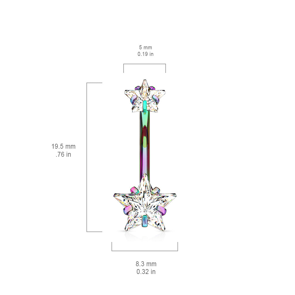 RAINBOW DOUBLE STAR BELLY BARBELL - 10MM - 14 GAUGE