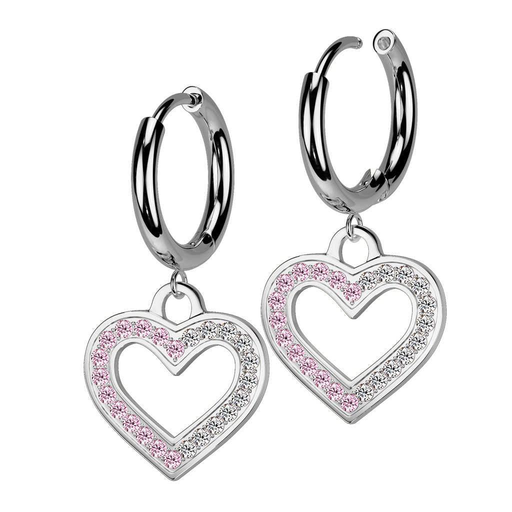 CRYSTAL LOVE HEART CHARM HOOP EARRINGS - 10MM