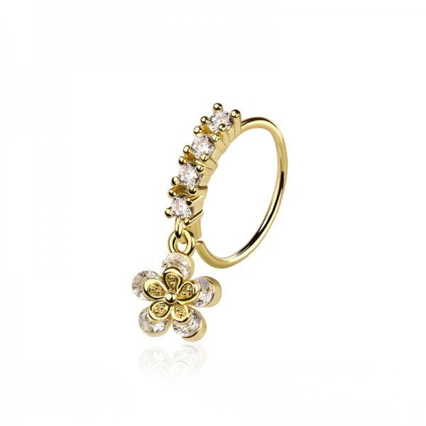 GOLD CRYSTAL LINED FLOWER CHARM BENDABLE HOOP - 20 GAUGE - 8MM FOR EAR & NOSE
