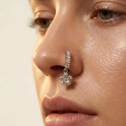 SILVER CRYSTAL LINED FLOWER CHARM BENDABLE HOOP - 20 GAUGE - 8MM FOR EAR & NOSE