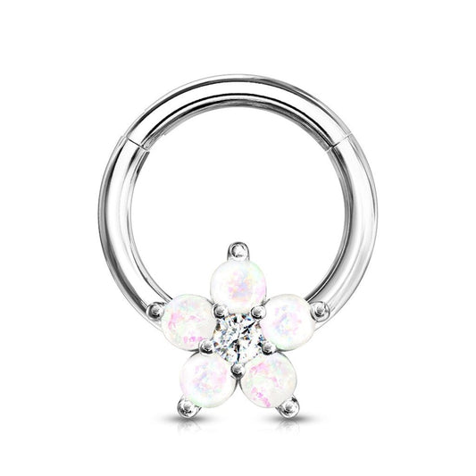 SILVER OPAL FLOWER HINGED HOOP RING -