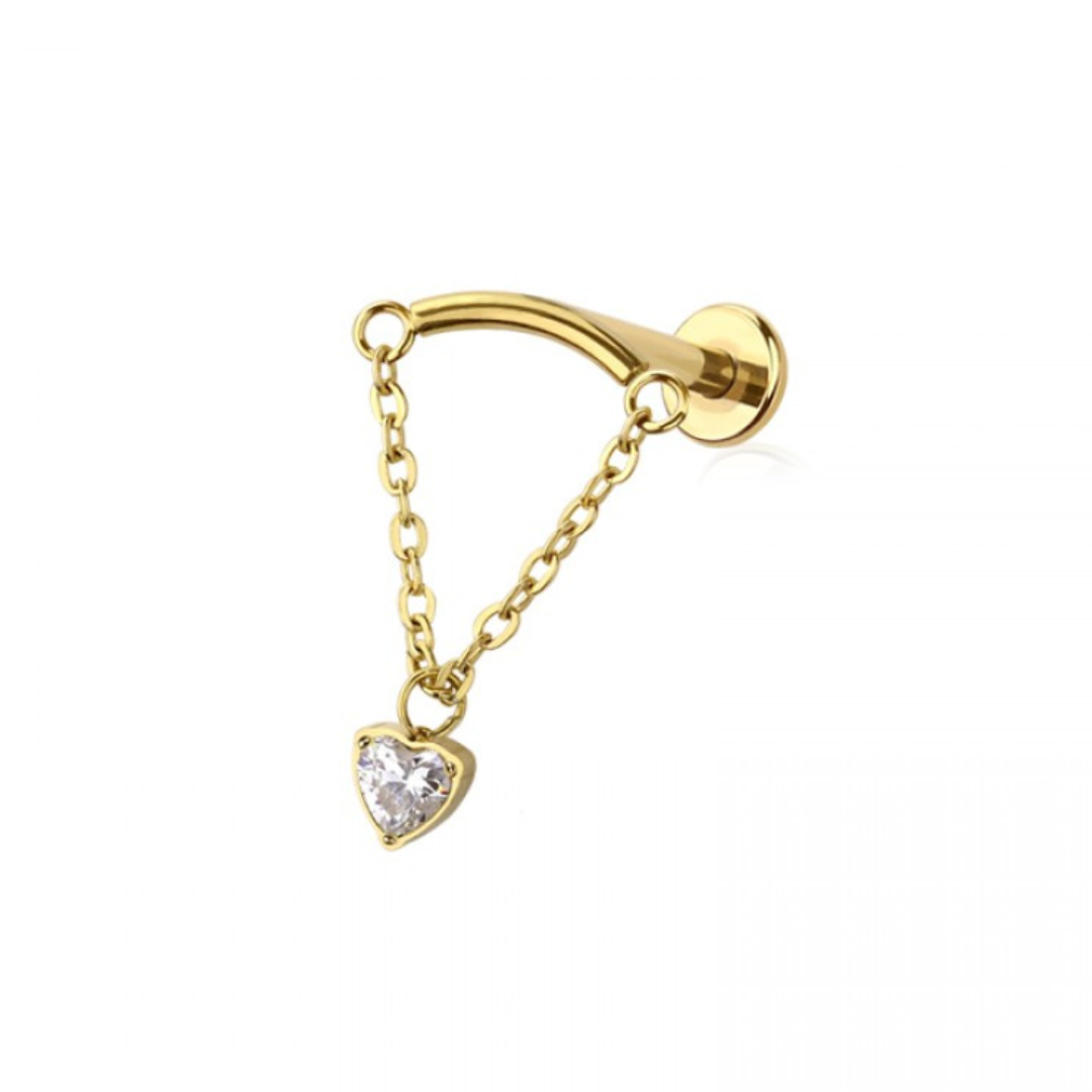 CRYSTAL LOVE HEART CHARM & CHAIN CURVED BAR FLAT BACK LABRET - 18 GAUGE - 6MM