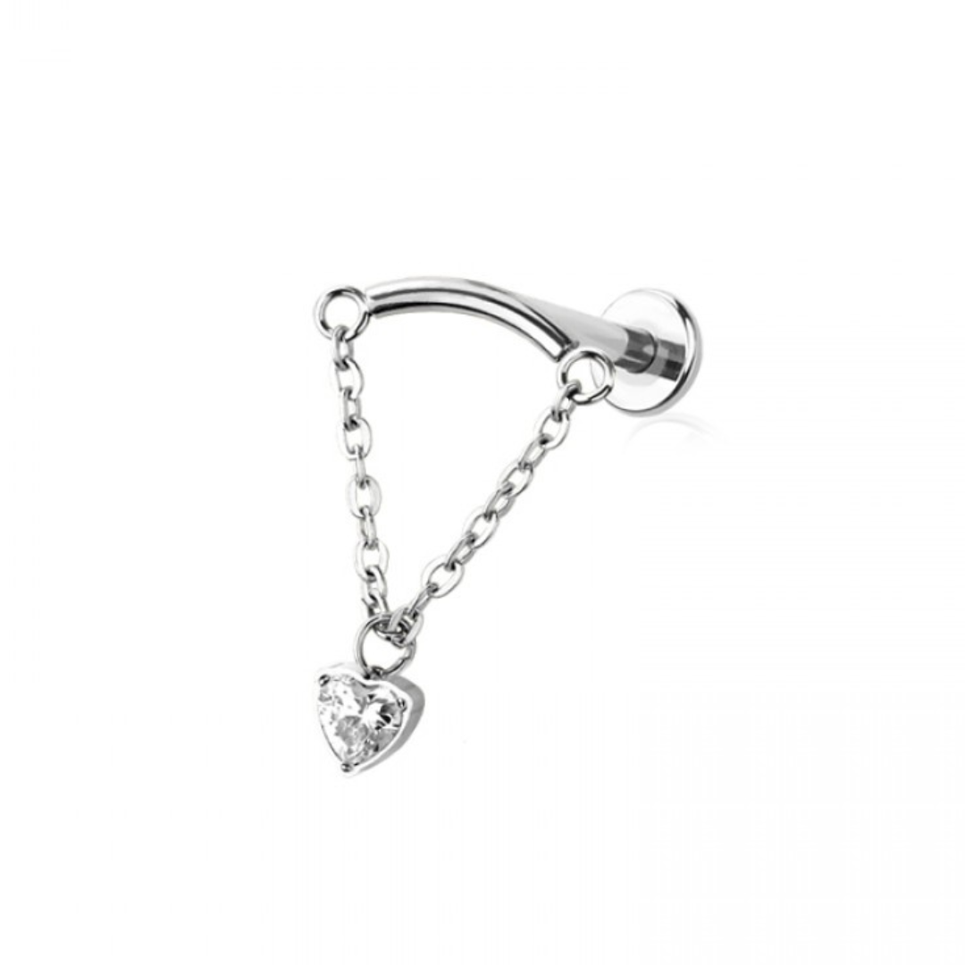 CRYSTAL LOVE HEART CHARM & CHAIN CURVED BAR FLAT BACK LABRET - 18 GAUGE - 6MM