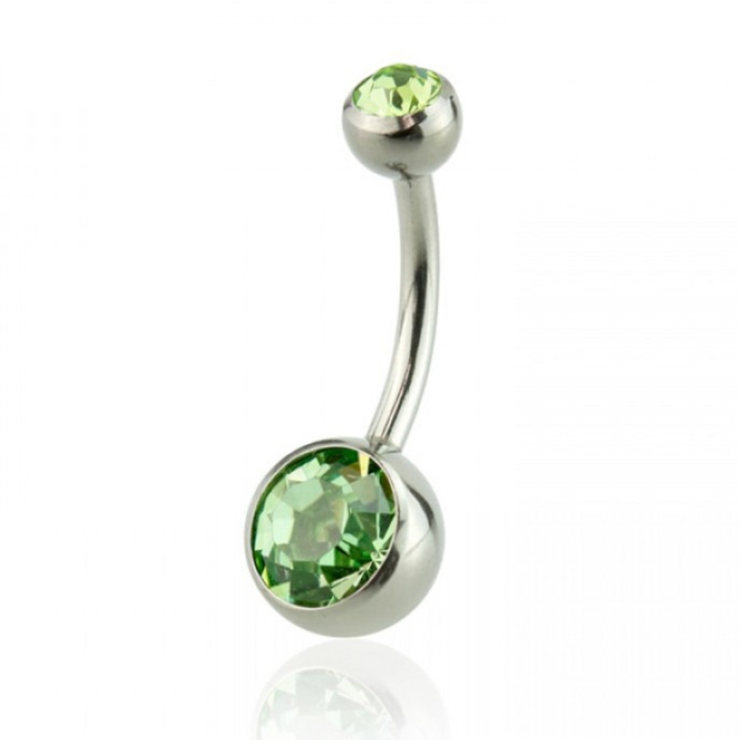 TITANIUM DAINTY DOUBLE CRYSTAL GREEN BELLY BAR - 8MM - 14 GAUGE