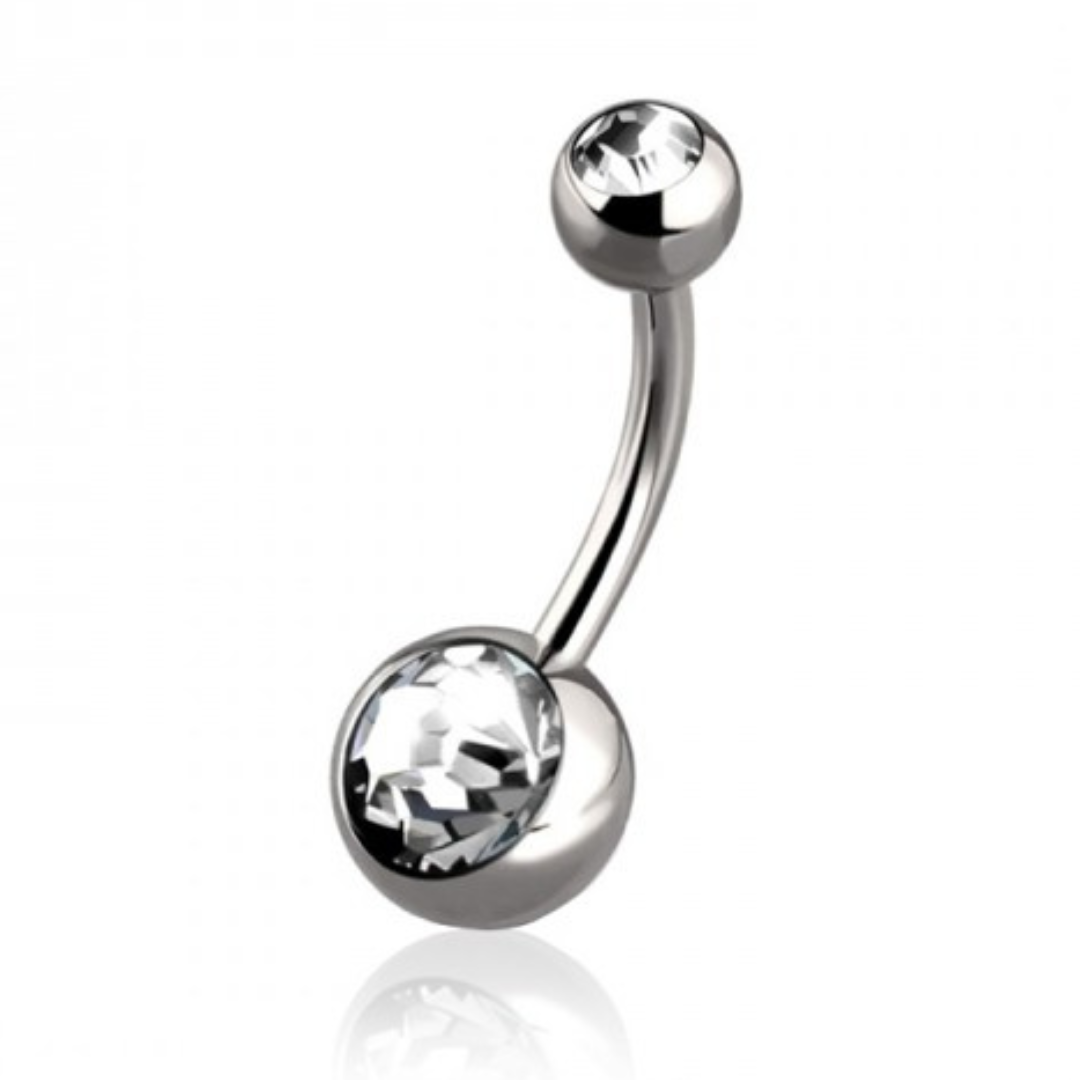 TITANIUM DAINTY DOUBLE CRYSTAL BELLY BAR - 8MM - 14 GAUGE
