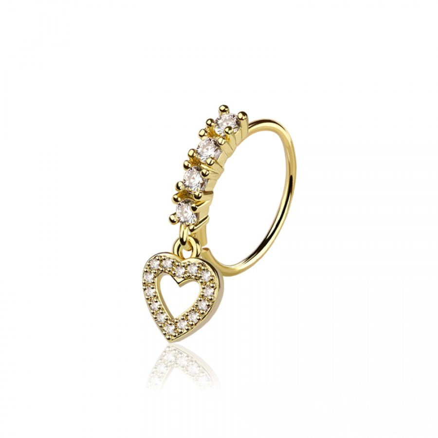 CRYSTAL LINED LOVE HEART CHARM BENDABLE NOSE  / EAR HOOP RING - 8MM - 20 GAUGE