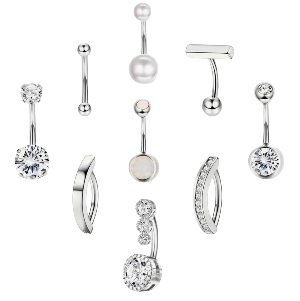 MULTI PACK OF 9 SILVER CRYSTAL BELLY BARS & CLICKER HOOPS - 10MM