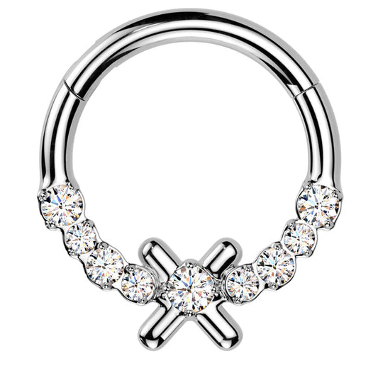 CRYSTAL CROSS HINGE HOOP - 10MM - 16 GAUGE
