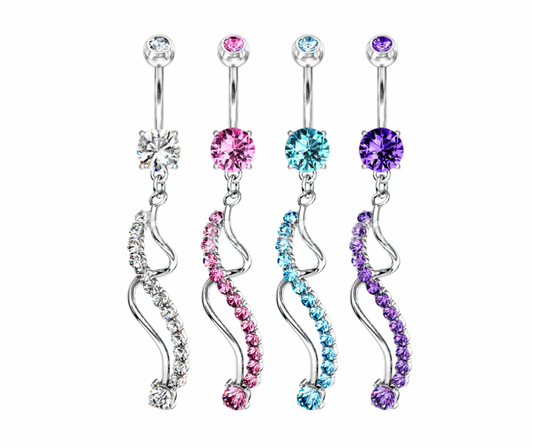 CRYSTAL TWISTED DANGLY CHARM BELLY BAR - 14 GAUGE - 10MM