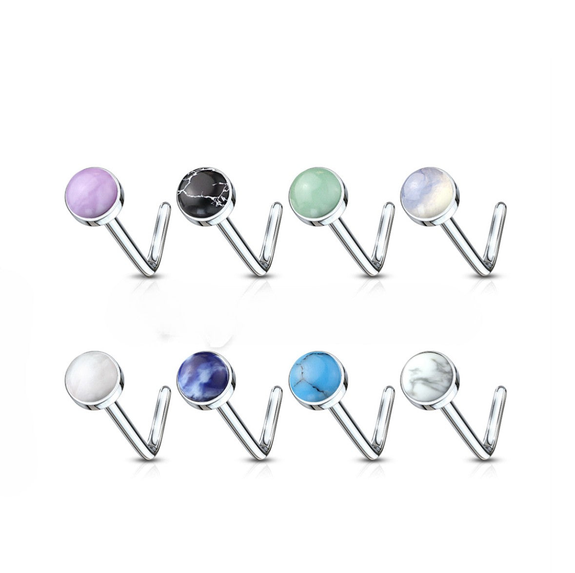 MULTI PACK OF 8 SEMI PRECIOUS STONE L BEND NOSE STUDS
