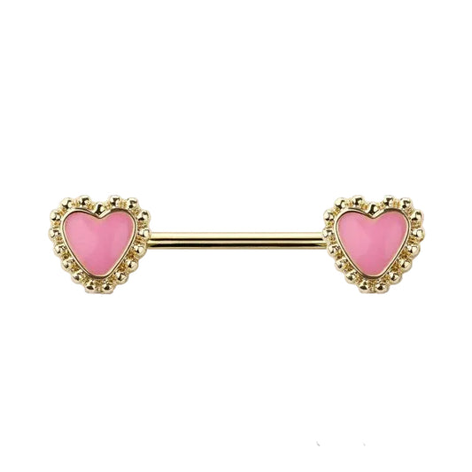 GOLD & PINK BEADED LOVE HEART NIPPLE BAR - 14 GAUGE - 14MM