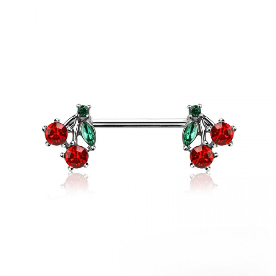 SILVER CUTE CRYSTAL CHERRY NIPPLE BAR - 14 GAUGE - 14MM